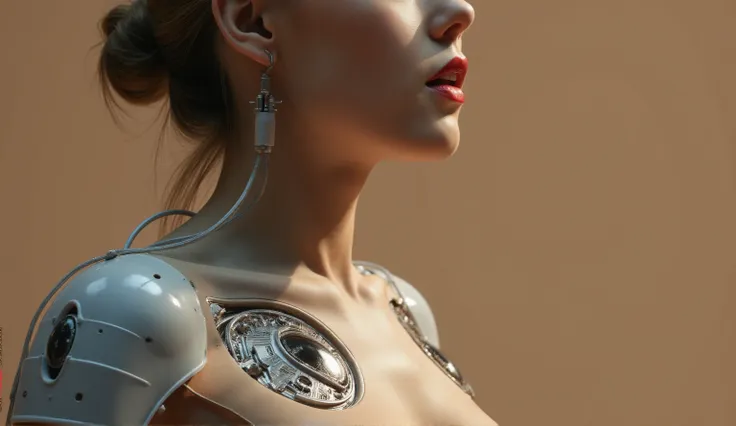 capture a stunning full-body shot of a young woman, showcasing her porcelain-like complexion and striking cybernetic enhancement...