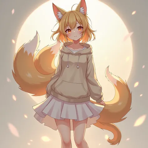 masterpiece,  best quality ,  IncTail Fixer, 1 ******,  fox tail , from behind,  Multiple Tails , Nyanners  (grandparents)Base,  cat ears, Hoodie, long sleeves, camisole, cat print, White skirt, 