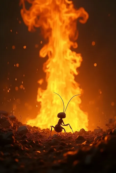 /imagine An ant’s perspective, looking up at its nest engulfed in flames. The scene is intense and filled with despair as towering flames consume the nest, with dark smoke rising and ashes falling around, capturing the small ant’s vulnerable viewpoint.