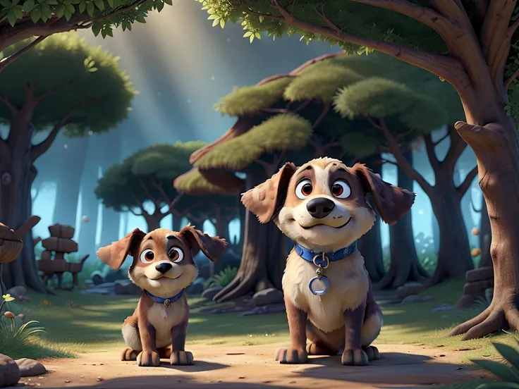 An adventurous and curious dog with large, expressive eyes, soft, rounded features, a friendly and charismatic appearance. Leo stands in a Disney Pixar-style 3D setting on the edge of a magical village, looking intrigued at a glowing forest in the backgrou...