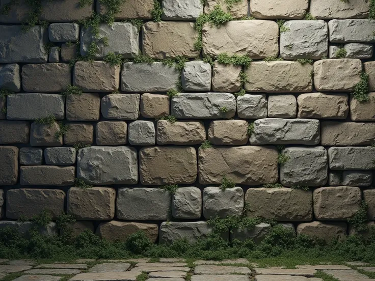  Create an image of a medieval wall of an ancient palace ,  covering the entire picture .  The wall must be of large and irregular stones ,  with signs of wear and aging , including cracks ,  moss and some areas discolored by time .  It should convey a sen...