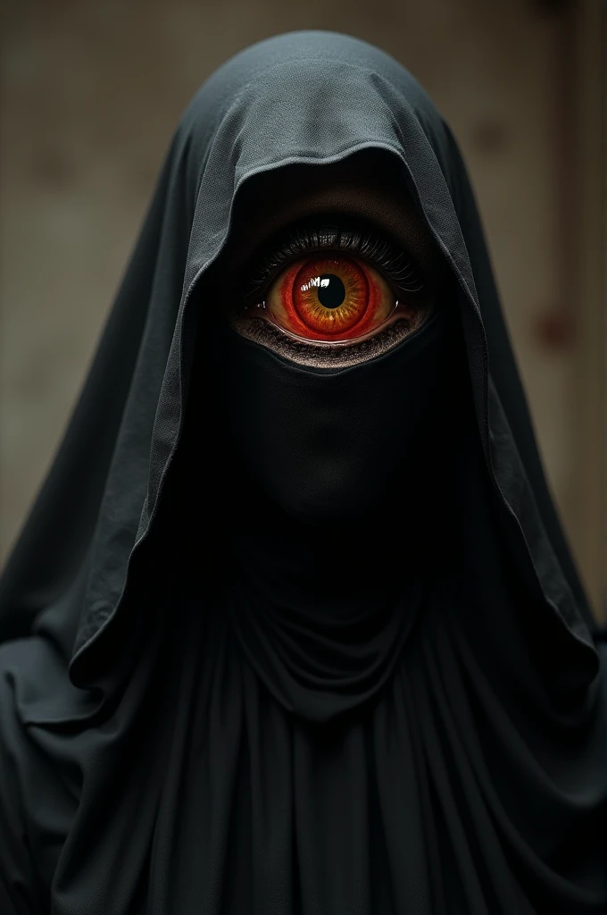  Character wearing a black Nazarene habit from the Spanish Holy Week with only the left eye,  this being an eye with red sclera , yellow iris and vertical pupil  