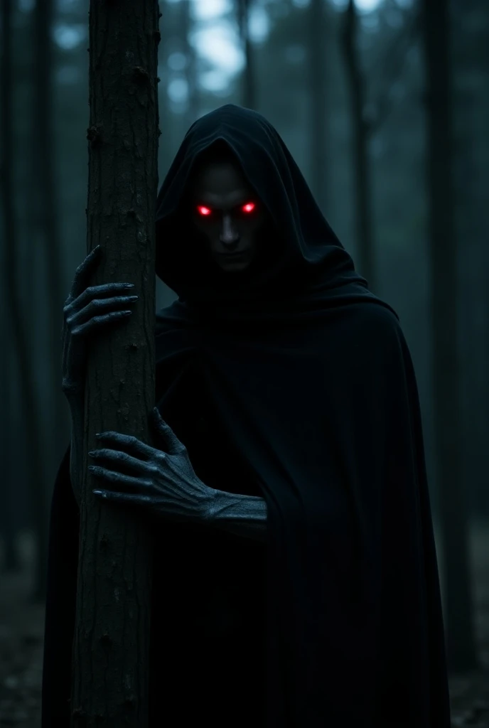  on a dark and silent night ,  a fiery red-eyed monster lurked ,  her pupils shining brightly Darkness like blades.  He wore a black cloak that merged with the shadows of the trees around him ,  creating the illusion that the forest itself conspired to hid...