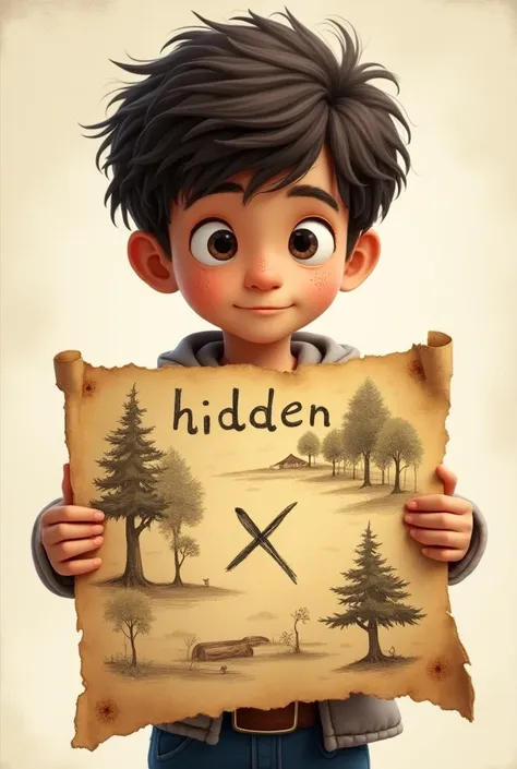 A close up of the map in the hands of the boy Adrián, showing drawings of trees , A big  "X" And the title "hidden treasure".