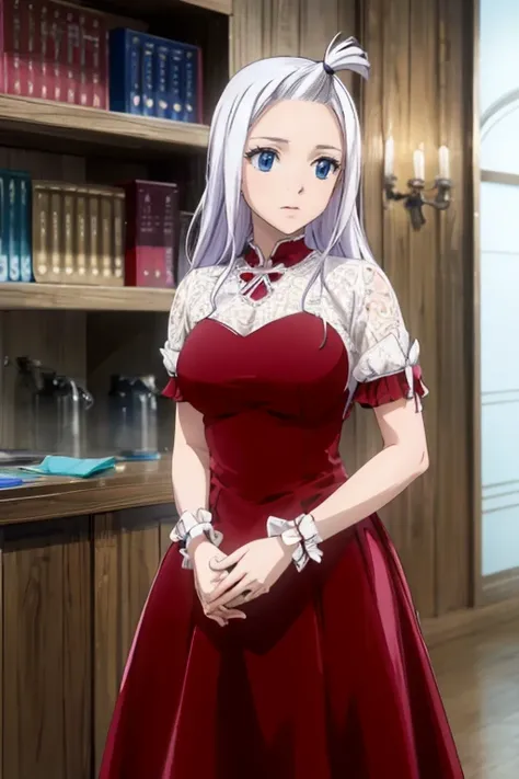 (Best Quality, 4k, 8k, Hi-Res, Masterpiece: 1.2), Ultra-Detailed, Realistic, Photorealistic: 1.37, Mirajane Strauss, beautiful woman with long straight wavy white hair and blue eyes 