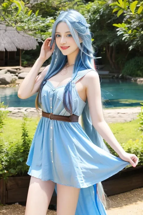 Woman, long blue hair, beauty, blue eyes, big breats, sexy, delgada, dress short, legs, escote, smile, in nature