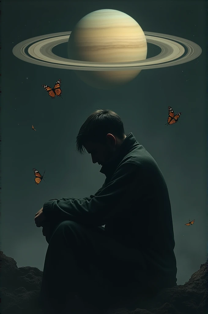 A picture of a sad man whose face is unclear and Saturn and beautiful butterflies