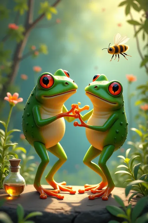 A frog dance with another frog in their hands a beee bottle 