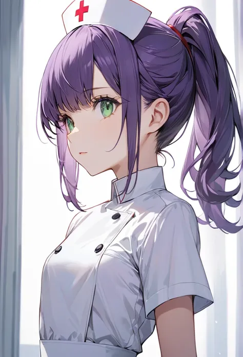 Upper body close-up（((masterpiece), on)purple hair, long hair, left side pony tail, poibty eared, green eyes, small breasts,nurse　whitestockings, (((arms behind back))), (((from front)))