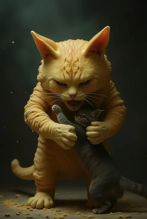 Make me a realistic image of a pancake killing a cat 