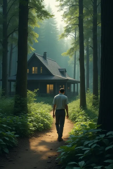  but when he calmed down ,  decided to return . 
Realistic image of a normal guy between 20 and 30 years old
Returning to a house in the woods