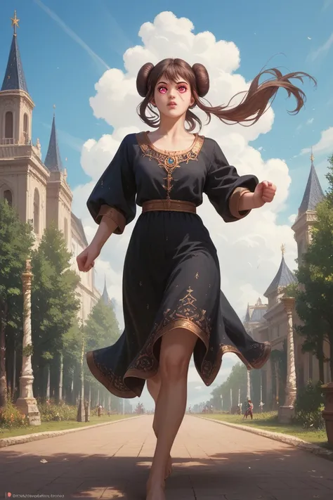 ((foto RAW)), ((masterpiece)),  anthropomorphic humanoid of a beetle girl wearing a noble black robe,  Intricate Details, running, Sky behind , rosa,  beautiful helitras ,  detailed eyes and lips 