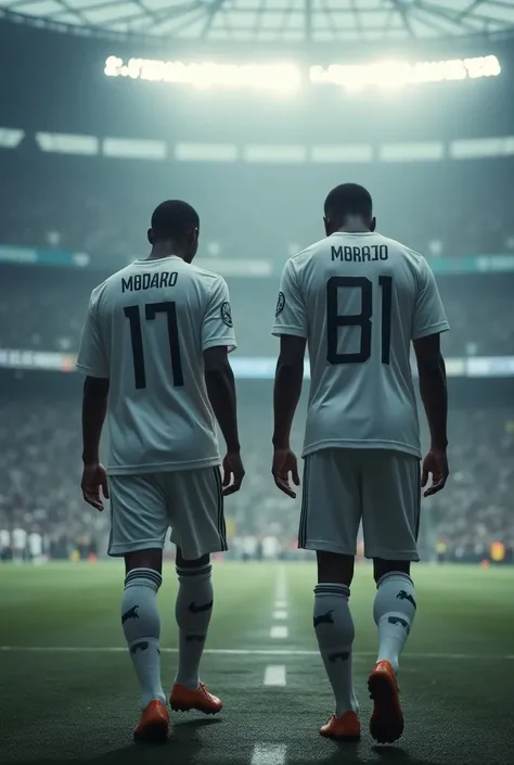 
" Generate an image of Kylian Mbappé and Vinícius Júnior with crestfallen expressions,  walking to the changing rooms of the Santiago Bernabéu Stadium , with a melancholic atmosphere and the stadium in the background ." Wearing a white Real Madrid uniform...