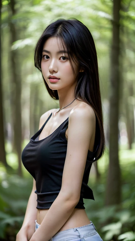 ((One beautiful woman)),(Best Quality,32K,masterpiece, super high resolution:1.37),(Realistic photo:1.37), Anatomically Accurate ,20 year old Japanese idol,Slender beauty:1.3,(( medium chest:1.37)), Thin Waist,Long Hair,Fair skin,(( Black Tank Top:1.37)),(...