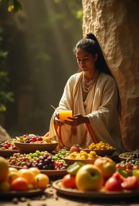 "A wise, peaceful ascetic woman (tapasvini) with a kind expression offers an abundant spread of fresh fruits and natural food to Hanuman’s army. The armys, appearing relieved and grateful, eagerly eat the food she has provided. The setting is a serene cave...