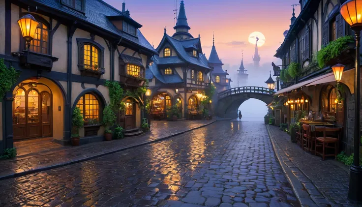 An amazingly beautiful town that looks like it might be home to a witch. It has a fairy tale atmosphere. Studio Ghibli style, landscape, distant view, fantasy style, dusk, after rain, fog, light from street lamps and lanterns, surreal architecture, medieva...