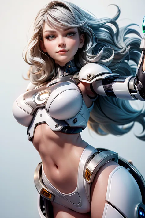 young cyborg woman ,  cybernetic armor technology,  with a bare belly , for the wavy cut,  expression of happiness ,  top qualit...