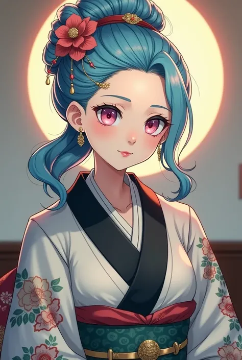 Anime style old woman, with and classical japanese hair like a geisha, rich white and black kimono, blue hair and pink eyes