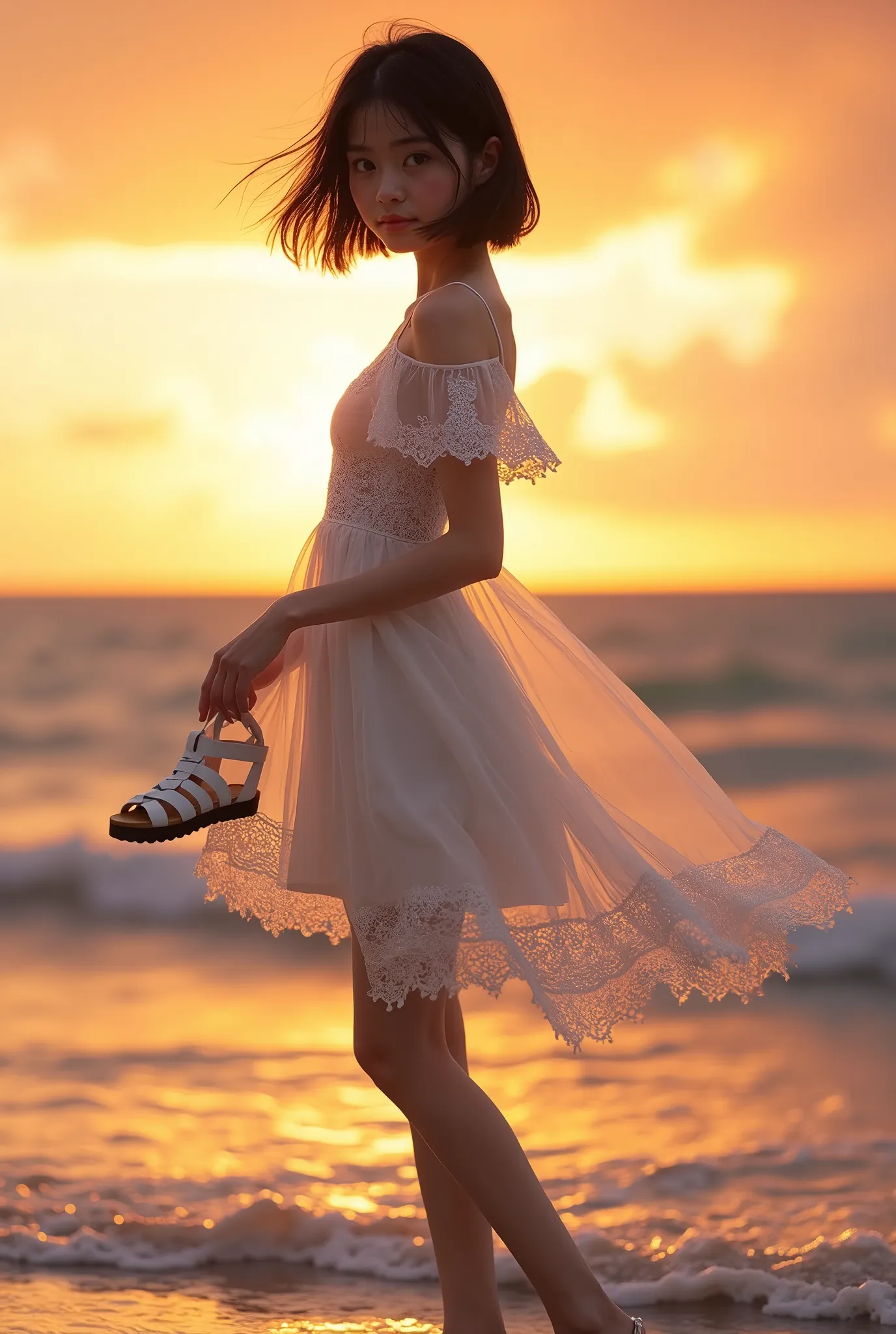 live-action、 real、Water&#39;s Edge、Very beautiful Japanese schoolgirl wearing a white lace dress、A very beautiful Japanese high school girl in a white lace dress standing in a shallow sea 、Sunset、Backlight、 dress that you take off your white sandals and ho...