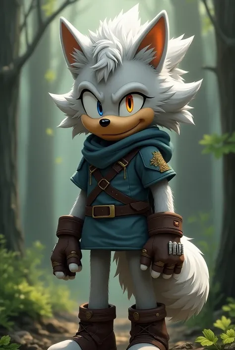 Male Wolf, ((Sonic character oc )), ( Sonic male character ), adult, ( silver fur ), ( light gray inner ears ), (Alone), ( Short and messy hair ), forest, Blind Left Eye without color ,  Scar in the right eye sector arch and quiver, wears a hood ,  brown g...