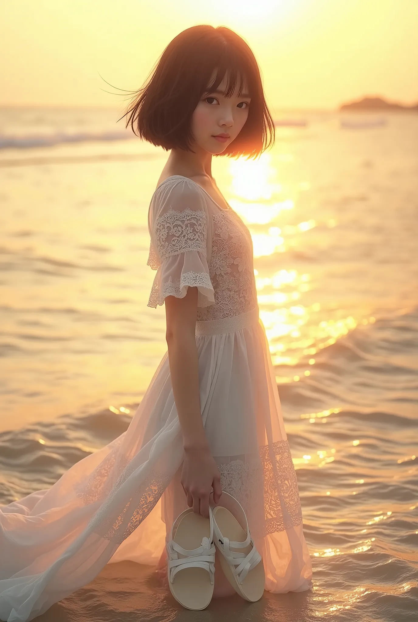 live-action、 real、water&#39;s edge、very beautiful japanese schoolgirl wearing a white lace dress、i'm soaking in the ocean up to ...