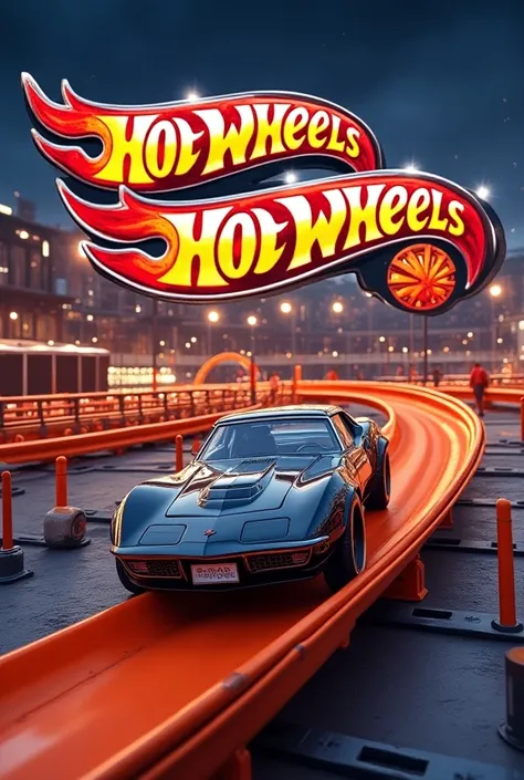 Large hotwheels sign with a car track with the word first anniversary