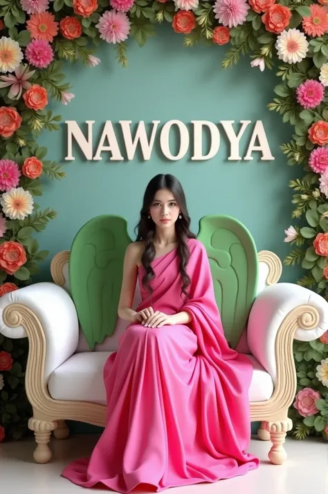 Create 3D picture of a beautiful 18 year old girl sitting on the white sofa set chair, the girl is wearing a neon pink saree, background wall decorate in flower and leaves and written on capital Big font white colour “Nawodya” and wing are green colour loo...