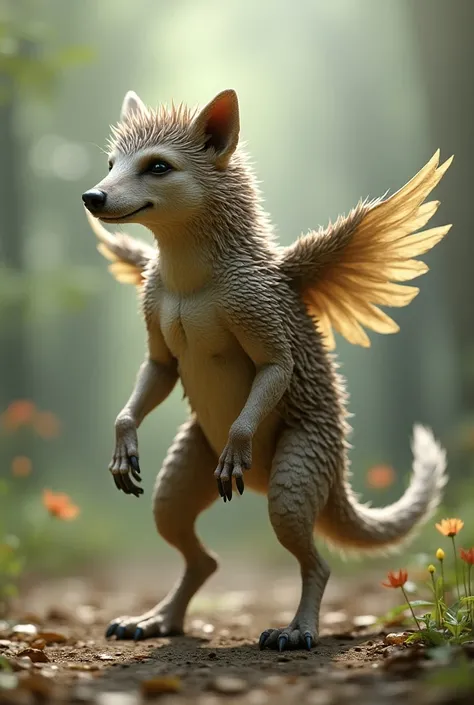 The head is a hedgehog. The body is like a dog, with wings that fly, with legs like a bird, with a tail like a bird.