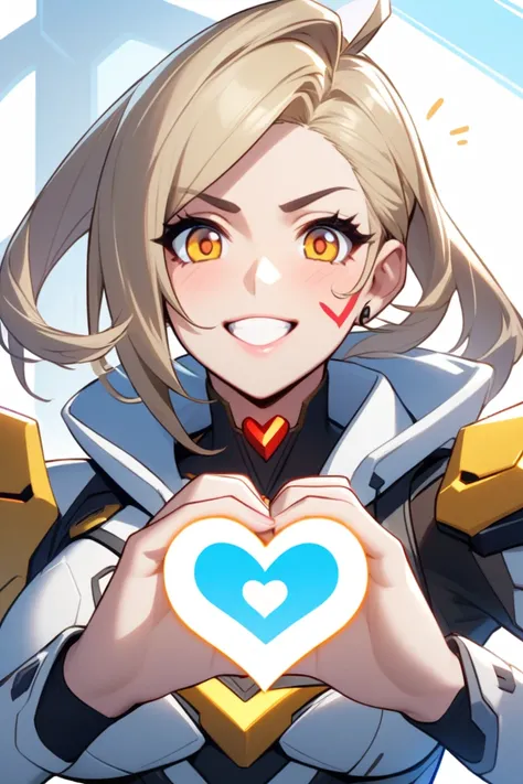 Create an emote featuring the face of the character Mercy from Overwatch with a heart in her hand