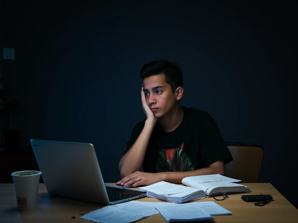 "A young adult sitting at a desk, looking at a textbook or laptop with a frustrated expression, cluttered with language notes and a coffee cup. Dim lighting, cool tones, capturing the initial struggle and sense of challenge in learning."