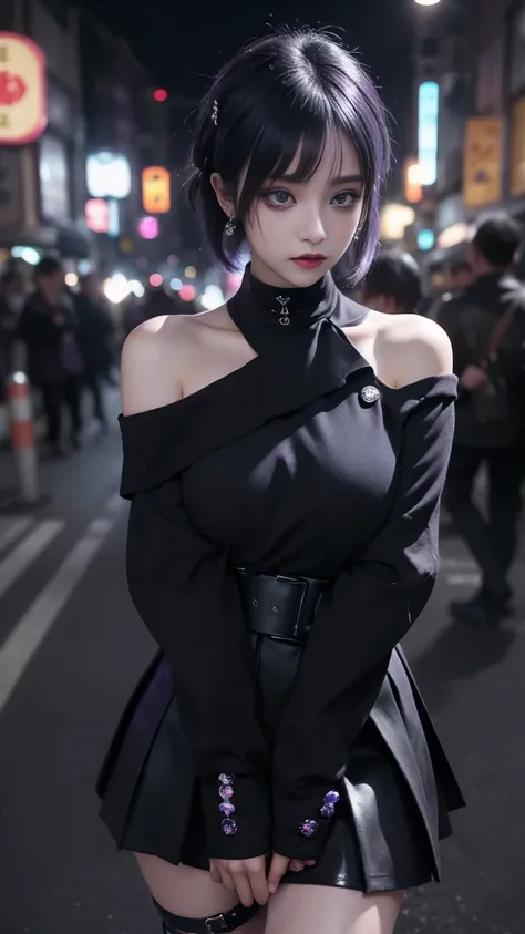 4K Ultra Sharp、Best Quality, masterpiece,  super high resolution, (reality: 1.4),  girl,  purple eyes,  Off Shoulder Sweater Dress ,  Movie Lighting、Purple and black hair、(mine  girl、 goth makeup 、My Makeup)、(Piercing、Big Breasts、  oversized black T The bl...