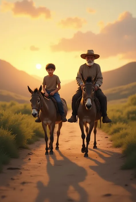  boy and old man riding donkeys separately , Going south when it is dawning  