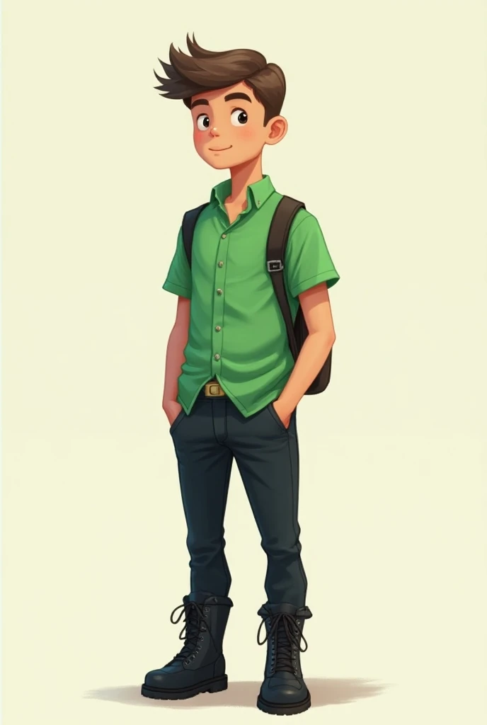 20 year old boy
With green shirt
Black pants
Skinny and tall
In black military boots
Cartoon style