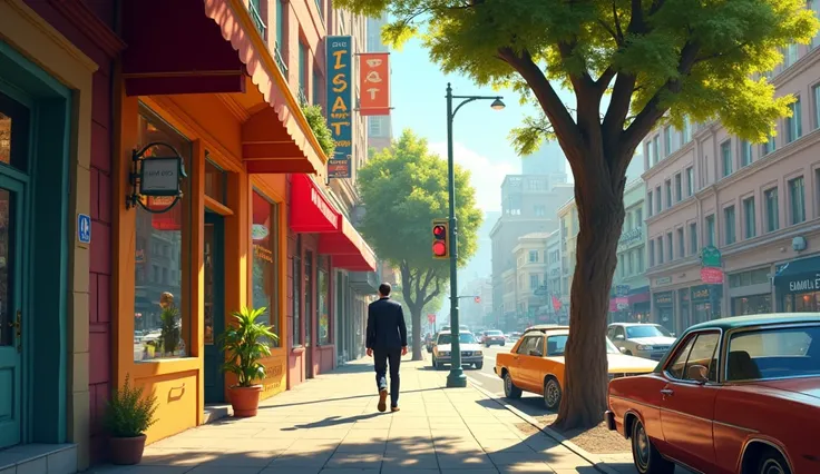 Style: Realistic, cinematic, bright, sharp concept art Details: Wide angle: Street in afternoon, Outdoors: shop, tree, traffic light, car,  human,