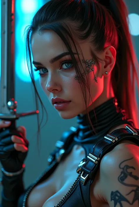 A close-up shot of a seductive cyberpunk warrior, inspired by Mortal Kombats style, with Sab-Ziros edgy aesthetic. The subject, dressed in dark leather and metallic armor, sports striking blue eyes and pony tail hair . A faint neon glow surrounds her, high...