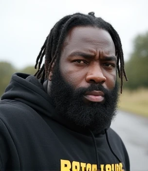 BLACK MAN HE is beige complexion he has long waist length dread locks that come to his waist, he has a beard that frames his face, hazel eyes, he is wearing a baton rouge Louisiana hoodie and he is taking a selfie outside he is 64 and 260lbs, His facial ex...