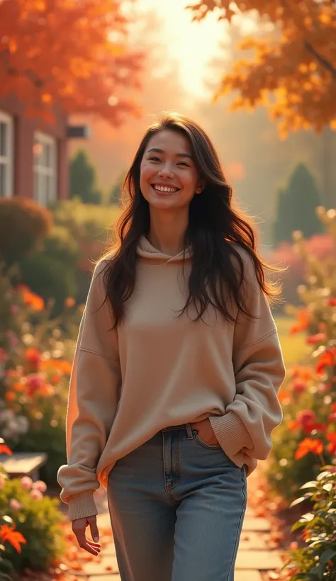 Happy woman with medium brown hair on her back strolling in a perfect natural autumn garden