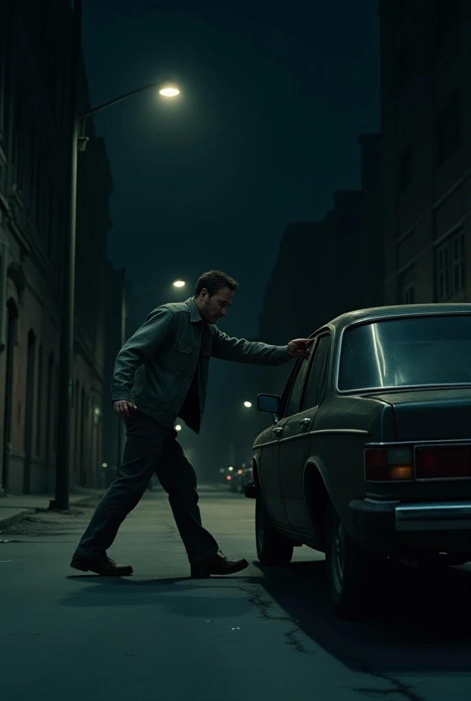 Drunk man crossing the 
Street at night touching a car 