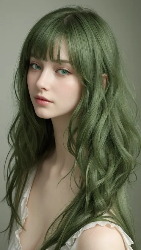 a european girl. extremely detailed face. delicate features. half-closed eyes. green eyes. long messy hairstyle. green hair. shy expression