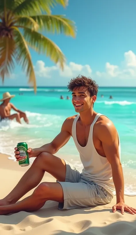  A light-brown young man with brown eyes ,  relaxing on the sand of a tropical beach in the middle of summer . He is sitting in a relaxed manner ,  holding a cold can of Itaipava beer and smiling while enjoying The surrounding landscape.  Wearing light sho...