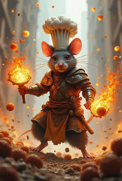 A realistic and epic depiction of Chefsito, a small but mighty warrior rat, wearing battle armor and a large chefs hat. Despite his size, hes a powerful fighter, skilled in noodle magic and combat. With a determined gaze, he wields enchanted noodles like w...