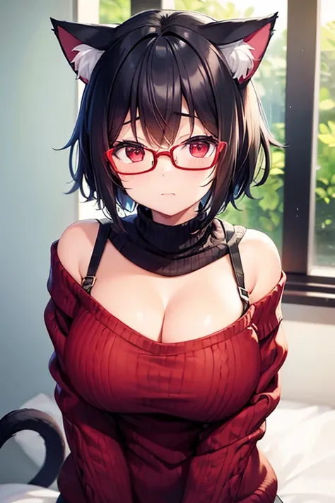 Busty、Chubby、Black Hair 、 short hair 、Glasses、  knitted sweater 、cat ears、cat tail 、  is embarrassing、cute、red eyes、living 、Best Quality, masterpiece,  High image quality,  high resolution on down,  anatomically correct, accurate, solo, 