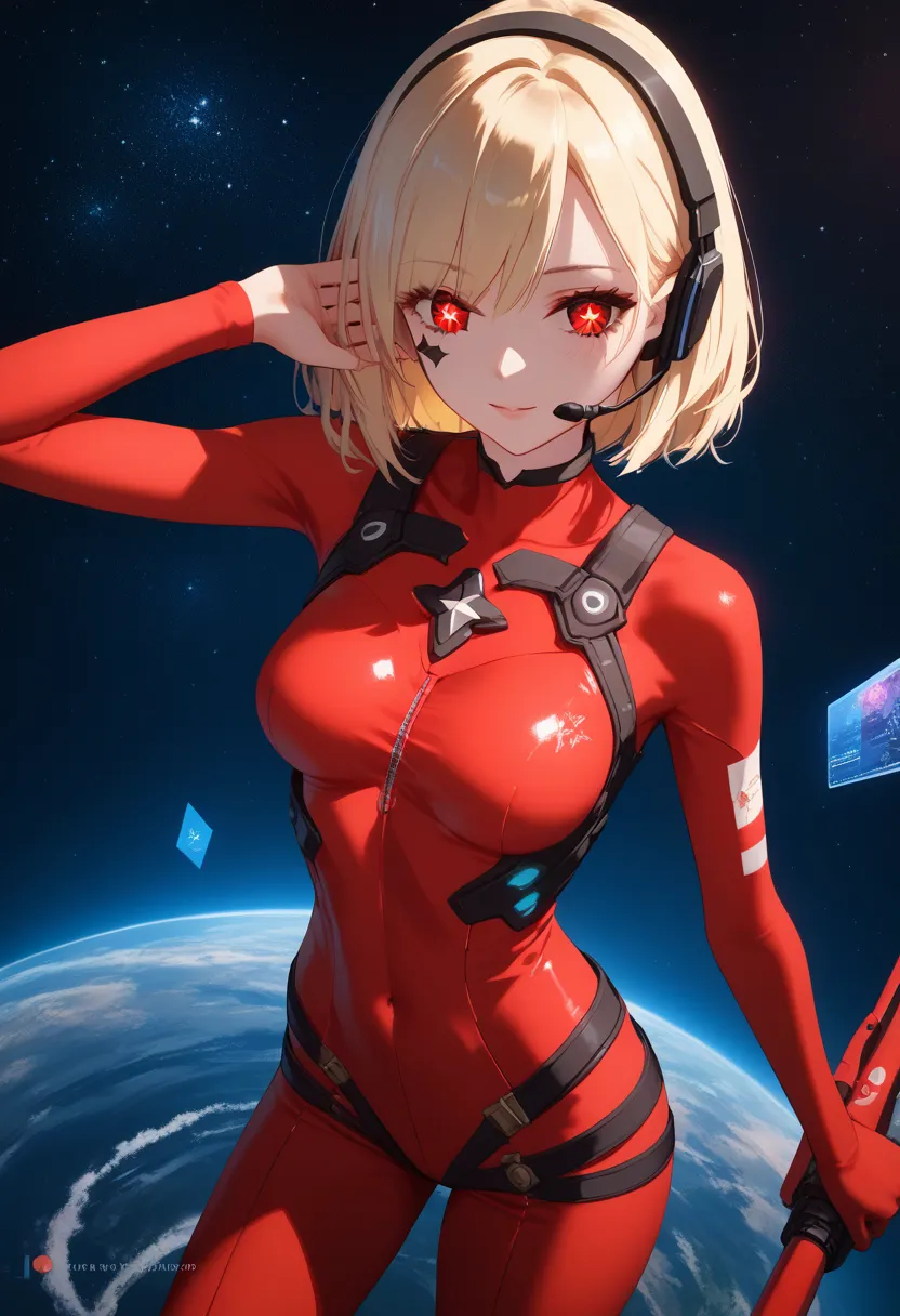 4k,  dynamic angle , ultra-detailed ,  illustration,  close-up, directly,  1girl, 
 ((, headset interface, red bodysuit:1.4,  bl...