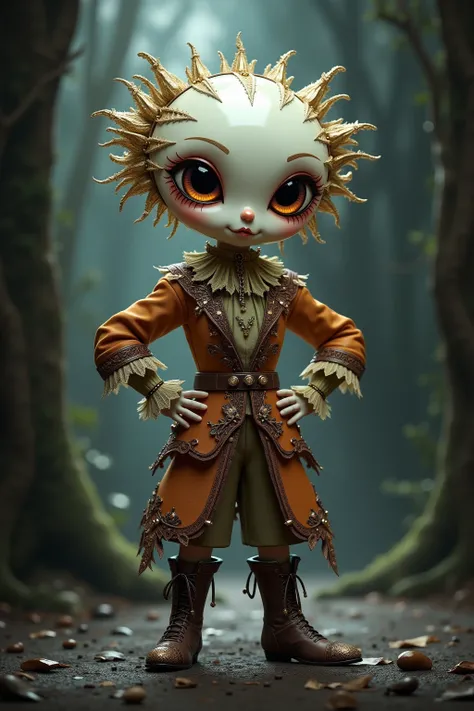 generate images of kawaii chibi character of (pearl head) zany scarecrow with a horror fantasy theme,(hands on hips:1.5),clothes must be highly intricate rococo style , elegant, and visually striking, highly detailed leather boots, resembling digital paint...