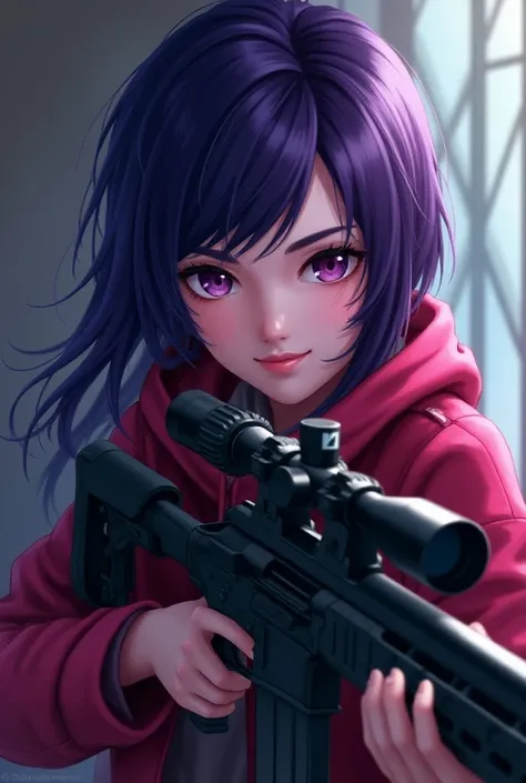 a close up of a girl, a character portrait by Lü Ji, featured on polycount, sots art, Purple skin, tanny skin, free-fire, With sniper rifle with scope , Anime style, Full body.
