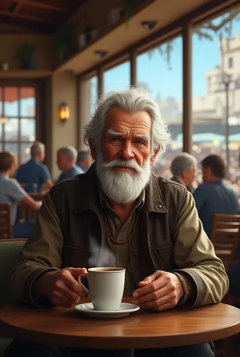 OLD MAN, BEARD, drink coffee, background in cafe, detailed, blue sky, crowd in background