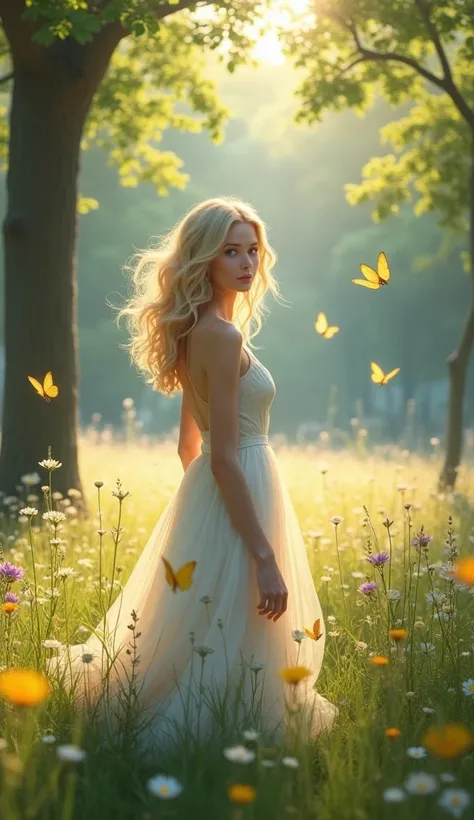 "In the fresh and peaceful light of spring, a dazzlingly beautiful blonde woman stands in a forest clearing covered in greenery. Her wavy, light blonde hair gently blows in the gentle breeze, while its golden tones shine in the sunlight, giving her an appe...