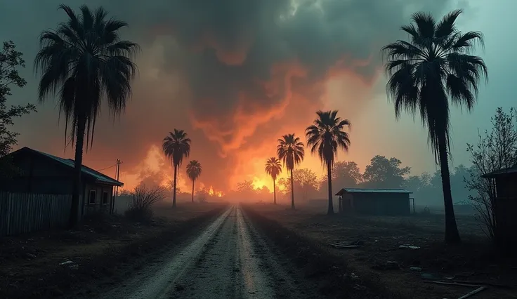  “Image of a rural area with burned palm trees and debris scattered across the ground .  Hailstones still fall from the sky while small flares of fire consume the remaining vegetation.  Firelight creates eerie shadows , suggesting chaos .  realistic photo ...