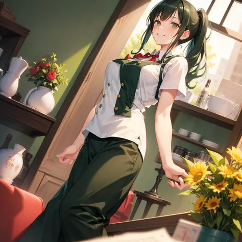 waitress,,from below,happy,shiny smile,(pussy showing:1.2),red vest,pull up (apron:0.7),large breast,short ponytail,button gap,background blur,ultra detailed,family restaurant,window,sunny,,rin shibuya, black hair, (green eyes:1.5), long hair,
