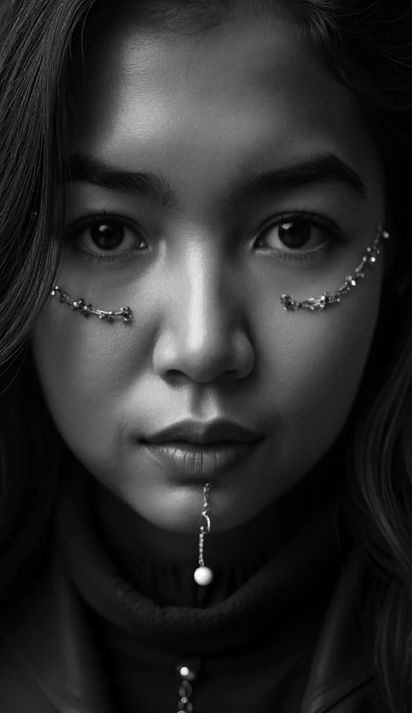 Crazy Malay woman with lots of piercings. ((Eyebrow piercing)). ((Horizontal eyebrow piercing)). ((High nostril piercing)). ((Nostril piercing)). ((Medusa pierching)). Closeup shot. Black and white cinematic picture. Dark ink pastel backgroud. ((Photoreali...